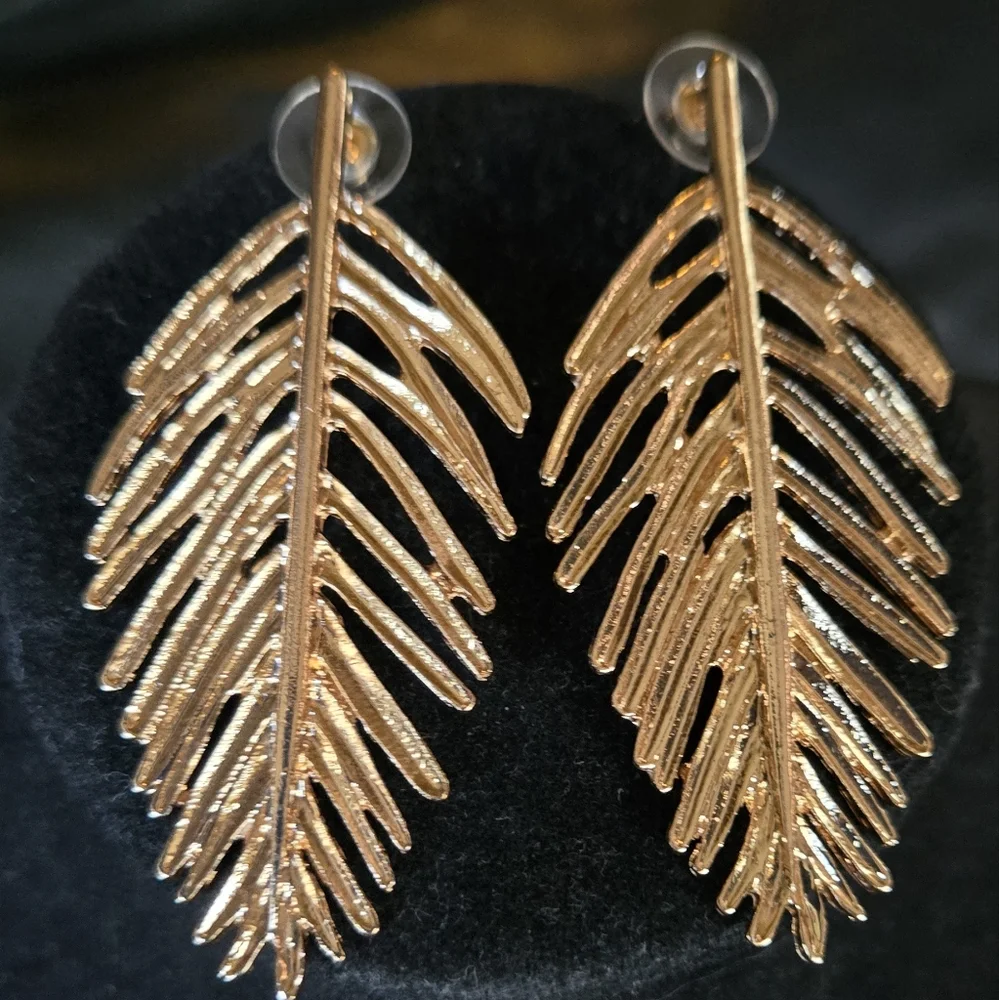 Gold Leaf Earrings 3"×1" - Picture 2 of 7